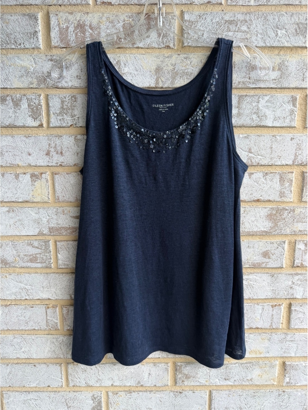 Eileen Fisher Sleeveless Embellished Scoop Neck 100% Line Blue Tank Top Size MP
